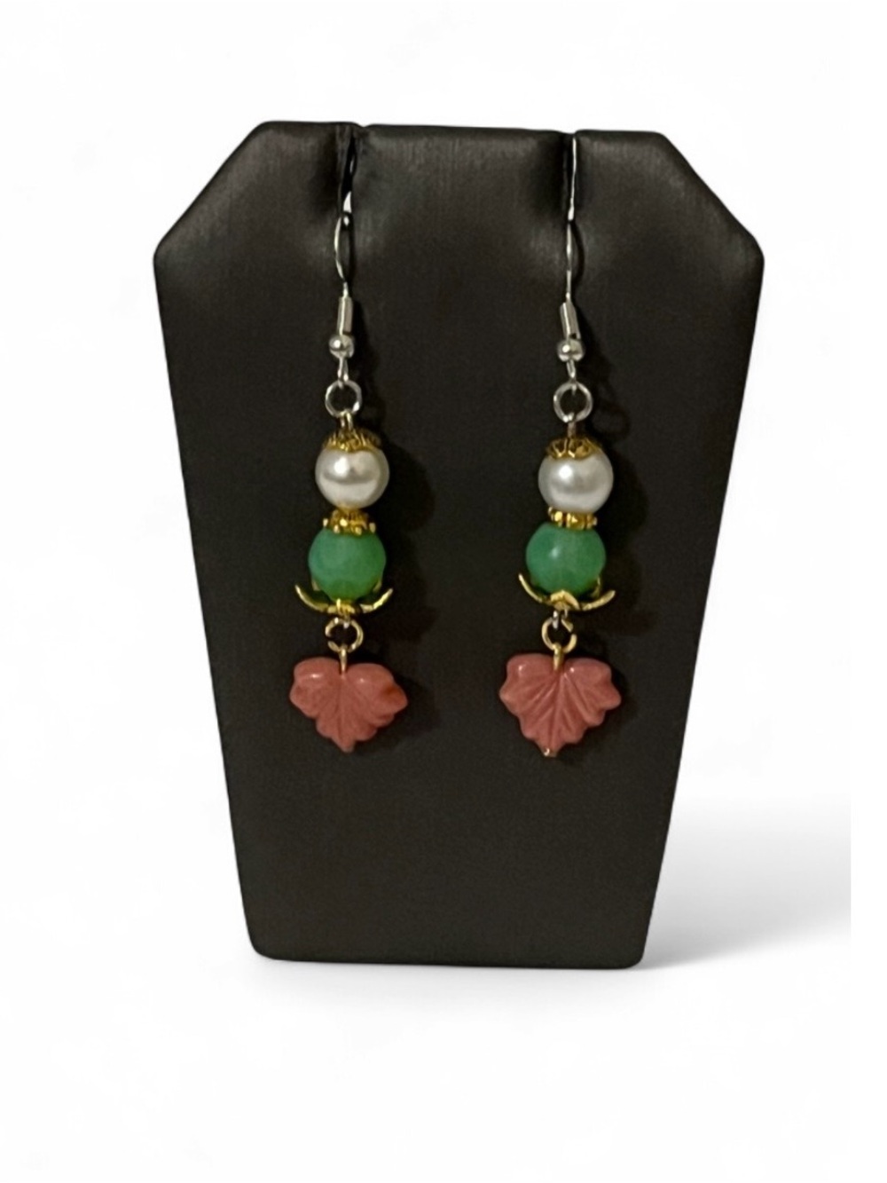 Pink Carved Leaf Green Bead Faux Pearl Drop Dangle Earrings Handmade Fall
